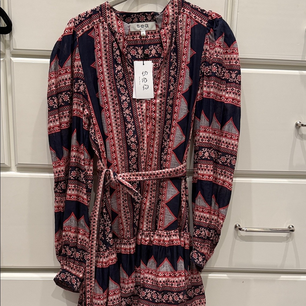 Sea Navy and Pink Geometric Printed Belted Long Sleeve Dress